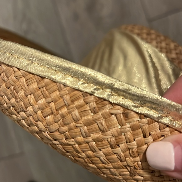 VINTAGE HAT 80s CACHÉ Straw Gold Metallic Shiny Lame Band+Rim Sun Beach Hiking - Picture 10 of 12